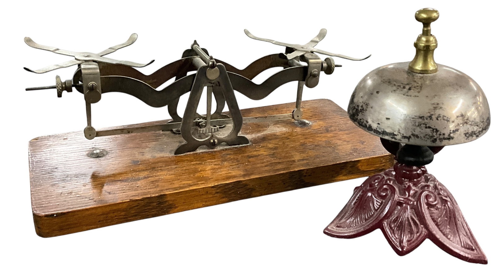 Antique Apothecary Balance Scale on Wooden Base with Counter Service Bell (1 of 5)