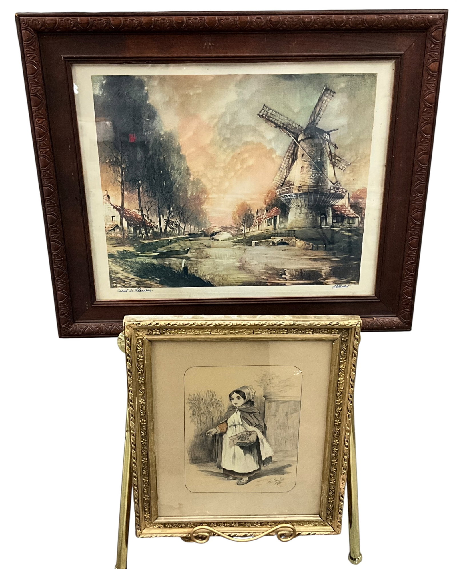 Framed “Canal in Flanders?? Print with Companion Figural Drawing (E. Conlon, 1896) (1 of 8)
