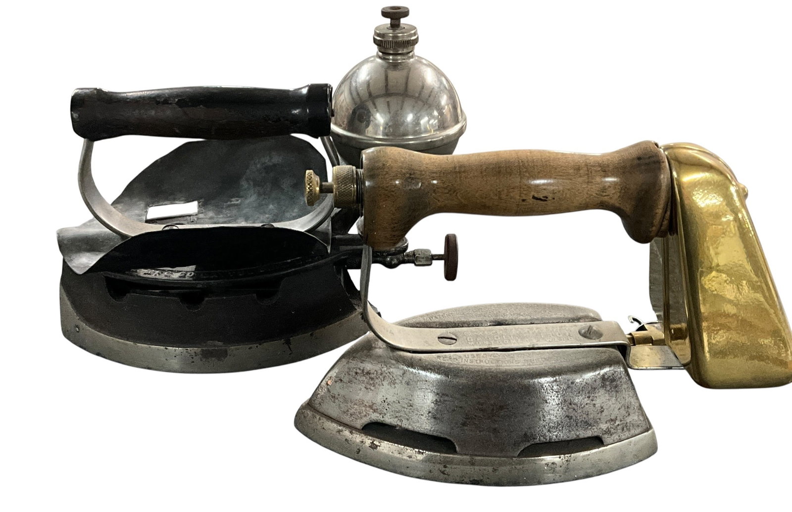 Two Antique Sad Irons Including Gasoline Iron with Fuel Tank and Cast Iron Flat Iron (1 of 4)