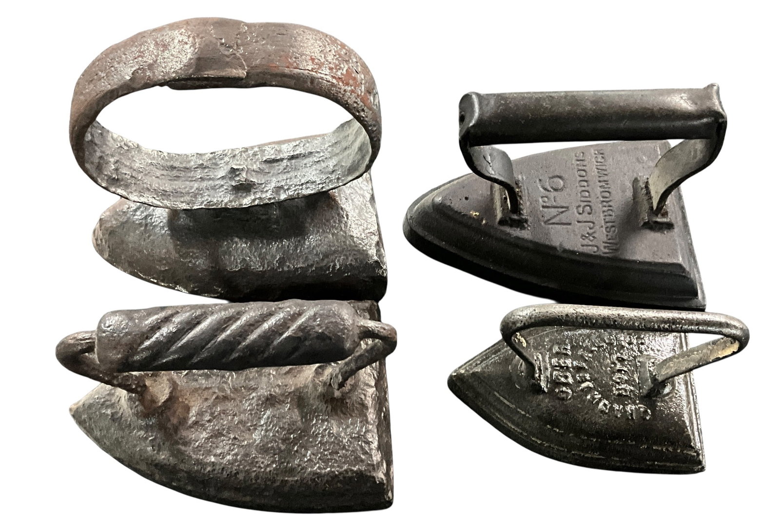 Four Antique Sad Irons Including J & J Siddons No. 5 West Bromwich Iron and Early Hand-Forged (1 of 4)
