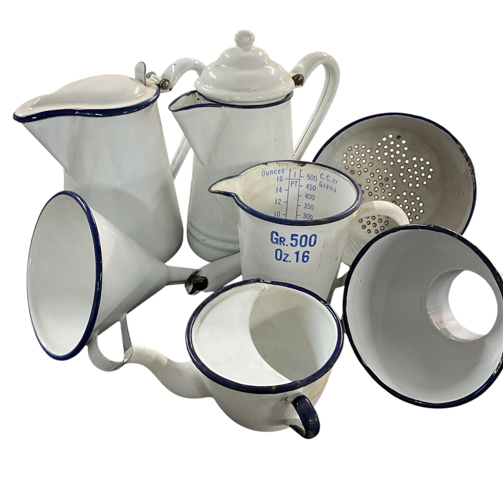 Group of Vintage White Enamelware Kitchen Items with Blue Trim Including Coffee Pots, Measure, (1 of 2)