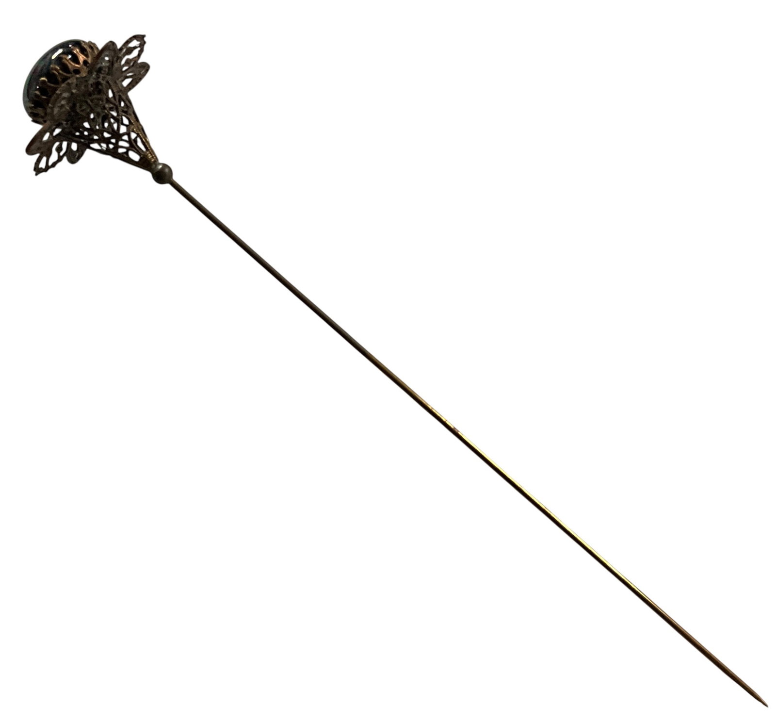 Antique Hatpin with Iridescent Glass Cabochon and Filigree Metal Mount: Antique hatpin featuring an ornate filigree metal head set with a large iridescent glass cabochon. The decorative mount is constructed in an openwork floral and scroll motif, forming a crown-like sett