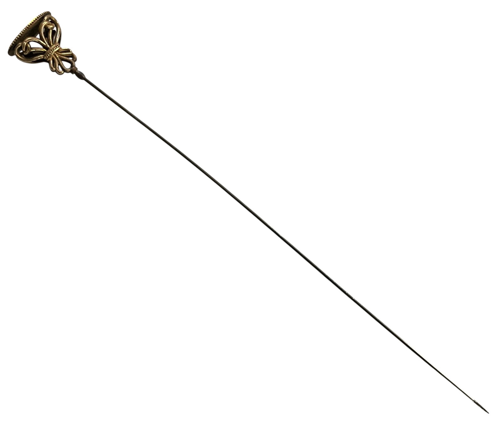 Antique Gold-Filled Hatpin with Monogrammed Top and Openwork Scroll Mount: Antique hatpin featuring a decorative gold-filled openwork mount supporting a circular top with a monogrammed center. The mount is formed in an elegant scroll and loop design, rising to a flat circula