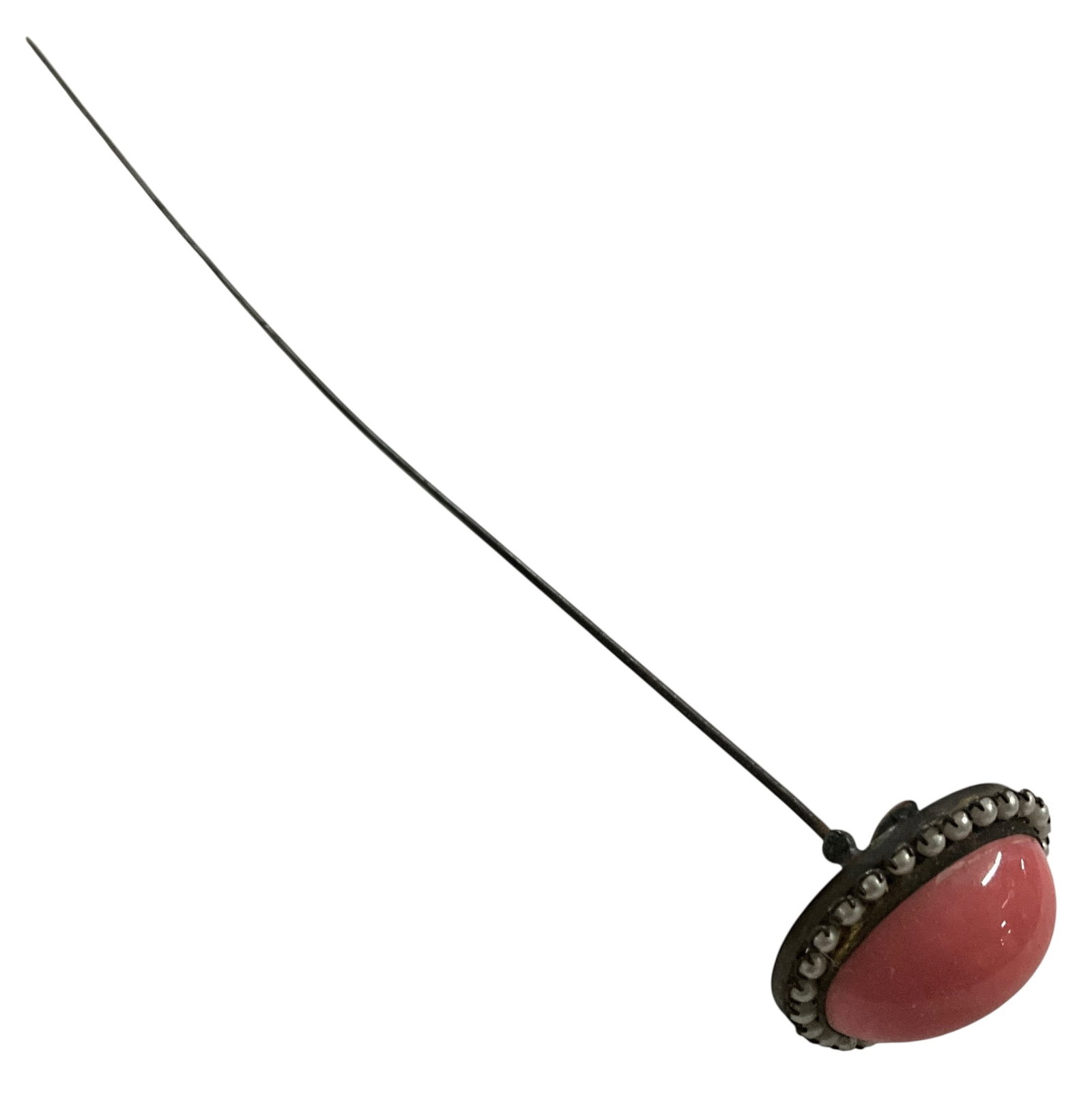 Vintage Hat Pin with Pink Cabochon Stone and Seed Pearl Halo: Vintage hat pin featuring an oval pink cabochon stone set in decorative metal frame surrounded by seed pearls. Classic early 20th century example.