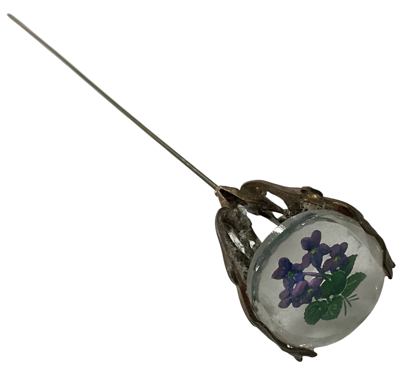 Vintage Reverse Painted Crystal Hat Pin with Floral Motif (1 of 3)