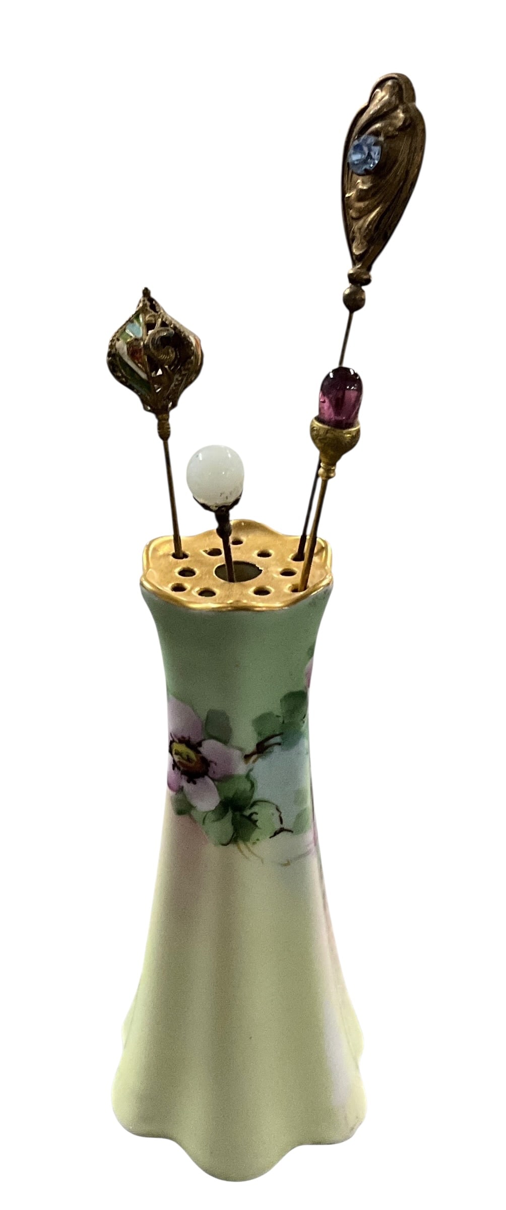 Vintage Bavaria Porcelain Hatpin Holder with Assorted Decorative Hatpins (1 of 4)