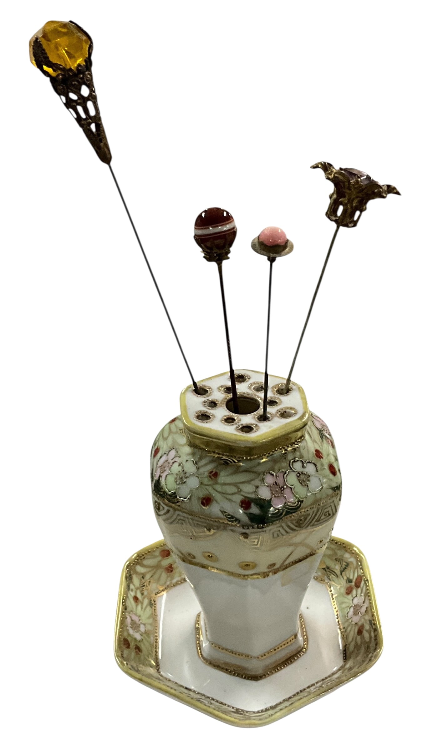 Hand-Painted Nippon Porcelain Hatpin Holder with Four Decorative Hatpins (1 of 5)