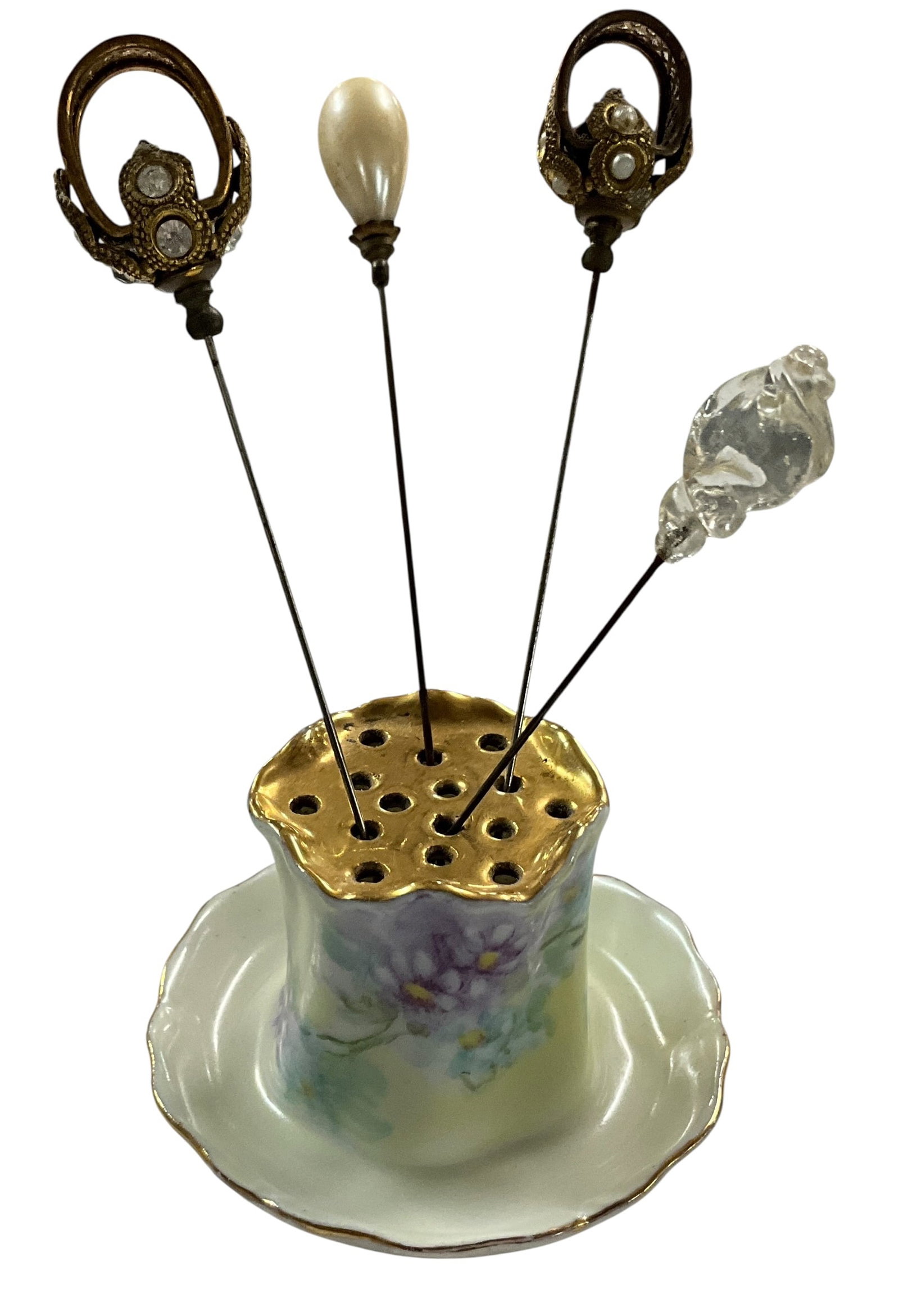 Antique Porcelain Hatpin Holder with Gilt Top and Four Ornate Hatpins (1 of 3)