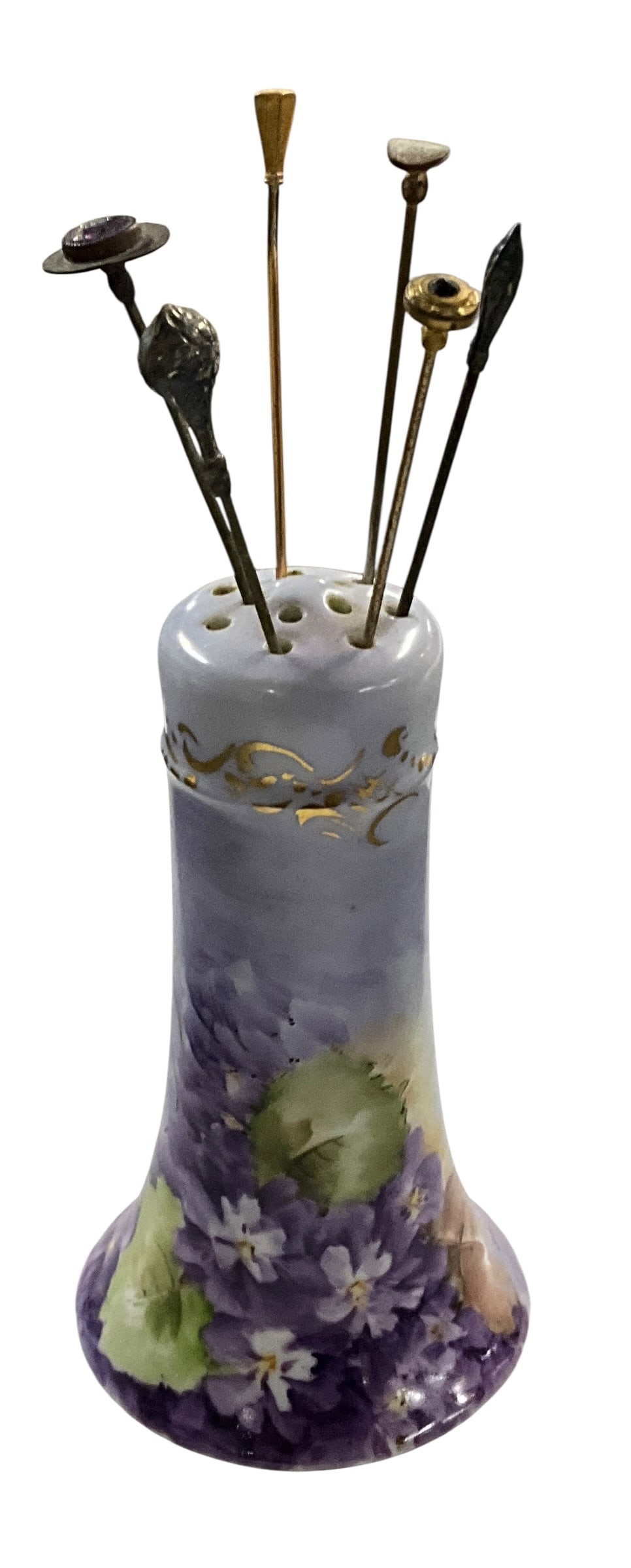 O.& E.G. Royal Austria Porcelain Hatpin Holder with Violet Decoration and Assorted Hatpins: Elegant antique porcelain hatpin holder marked --O.&E.G. Royal Austria-? on the underside, featuring a softly tapered form with hand-painted violet floral decoration and a delicate gilt band near the 