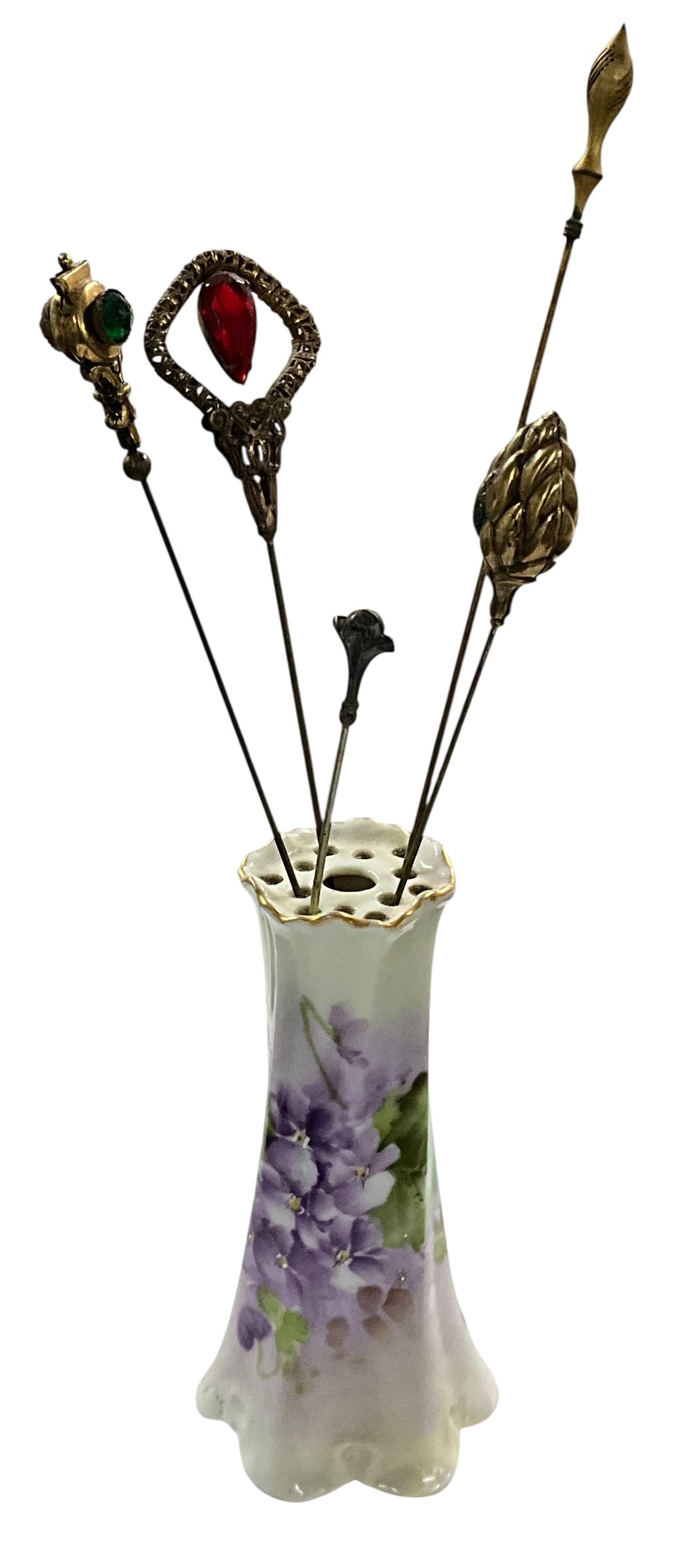Antique Hand-Painted Porcelain Hatpin Holder with Violet Motif and Five Decorative Hat Pins (1 of 4)
