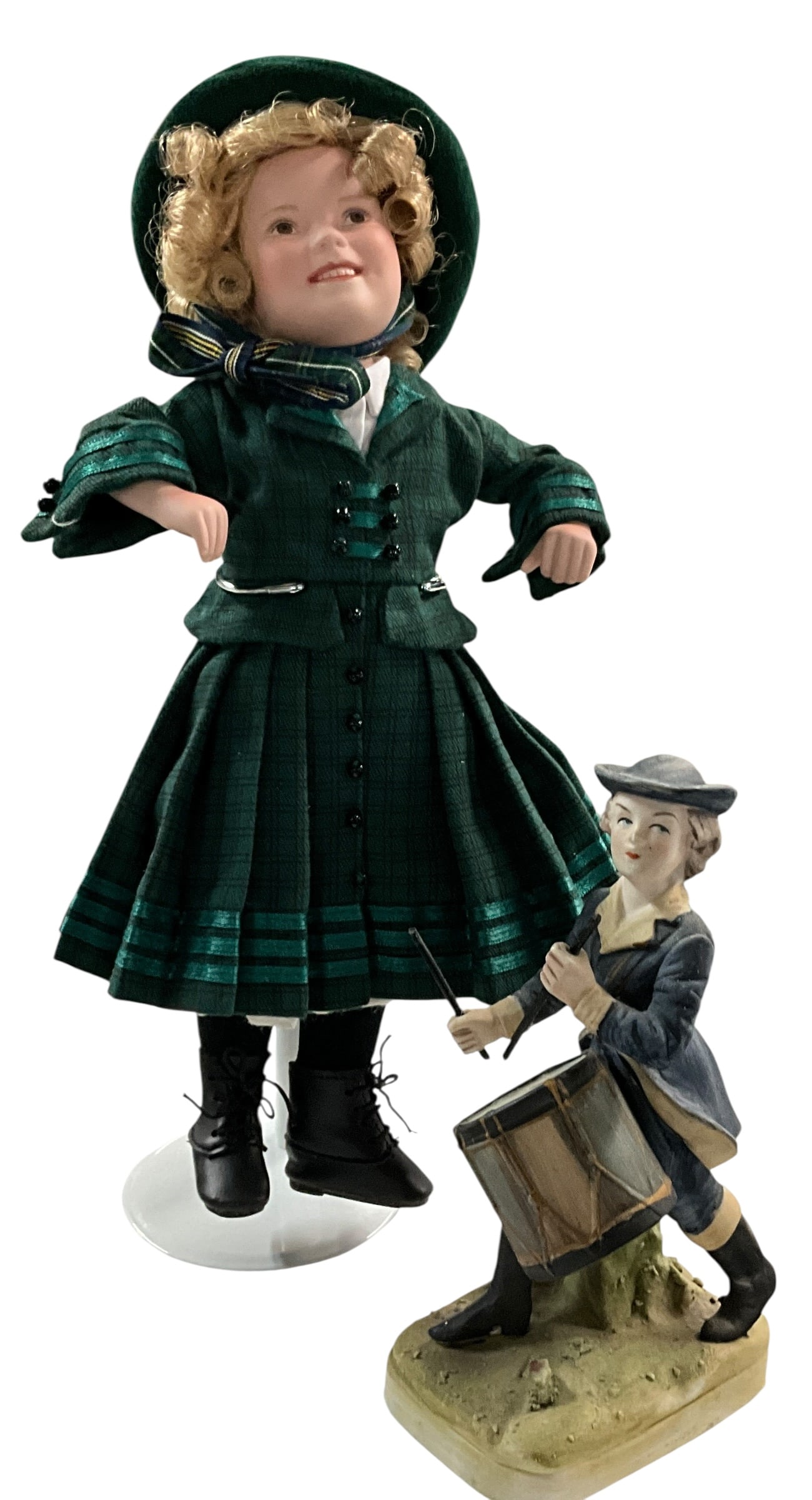 Danbury Mint The Littlest Rebel Shirley Temple Porcelain Doll with Box & Drum Figurine: Charming collectors lot featuring a Danbury Mint porcelain doll titled "The Littlest Rebel" inspired by Shirley Temple and her classic film role. This piece is part of the Shirley Temple Movie Classic