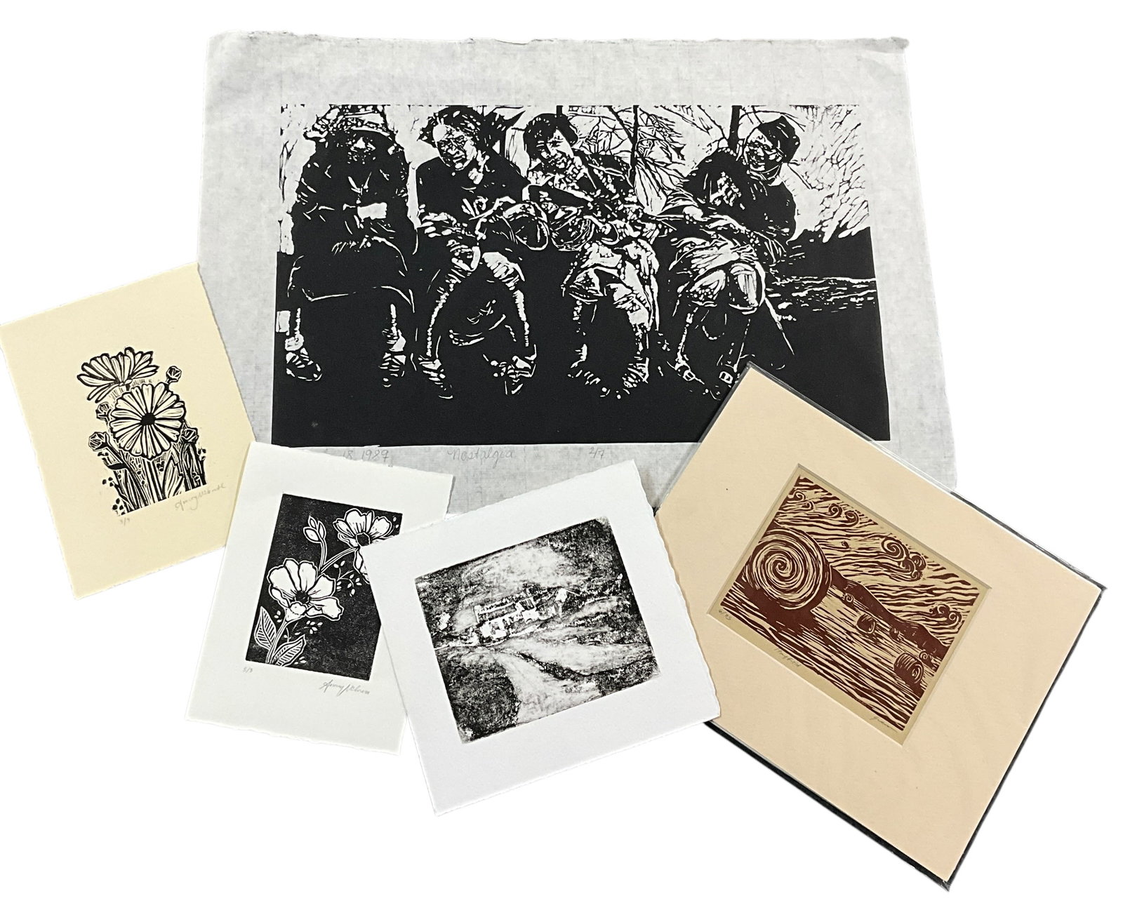 Collection of Signed Limited Edition Prints & Woodcuts: Eclectic grouping of original signed and limited edition prints, including a mix of woodcuts, linocuts, and etching-style works. The lot features multiple individually matted and loose pieces with a v