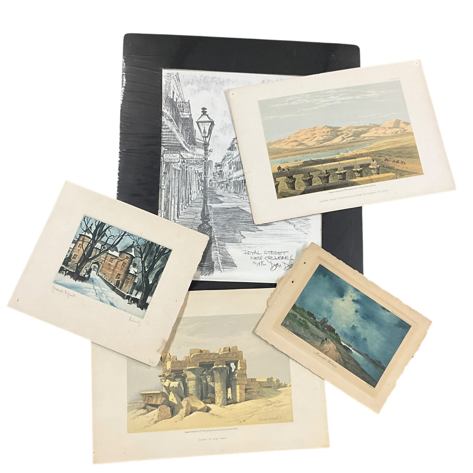 Mixed Collection of Antique & Vintage Prints, Architectural Views & Landscapes: Attractive and varied grouping of antique and vintage prints spanning architectural, landscape, and topographical subjects. The lot includes two 19th-century style engraved views of Egyptian ruins—�