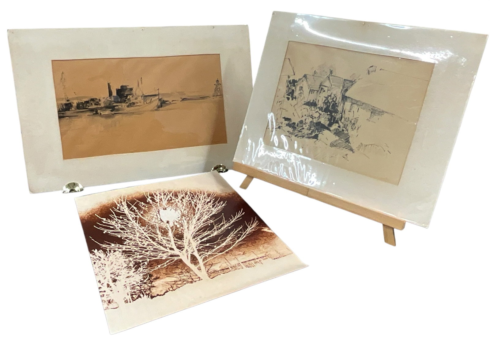 Coastal Harbor Watercolor & Village Ink Drawings with Photographic Print: Group of three works on paper featuring maritime and landscape subjects. Includes a nicely executed monochromatic harbor scene watercolor, depicting a docked vessel with lighthouse and shoreline struc