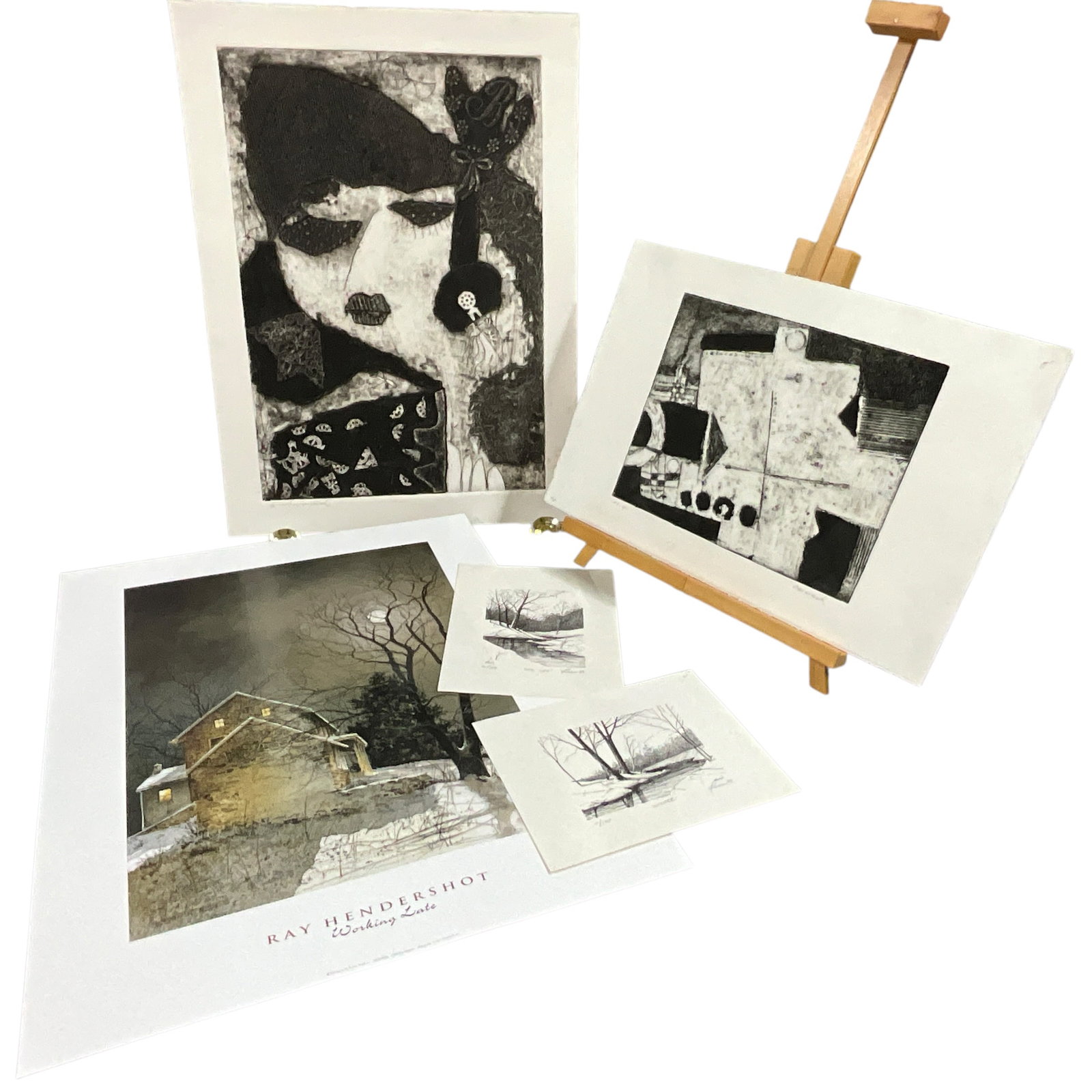 Mixed Contemporary Prints & Works on Paper: Eclectic group of contemporary works on paper featuring a mix of styles and techniques. Highlights include a Ray Hendershot print titled “Working Late” depicting a moody winter farmhouse scene