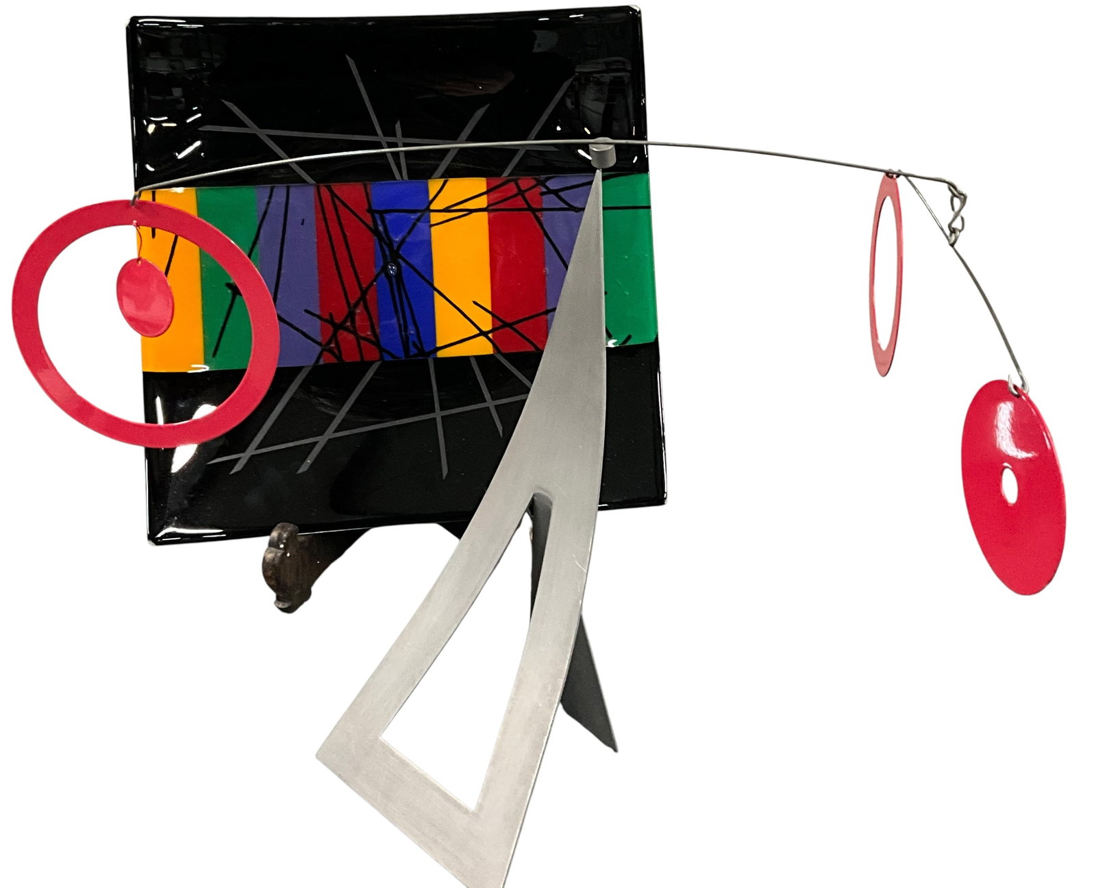 Contemporary Abstract Metal Mobile Sculpture with Art Glass Plate: A contemporary mixed-media sculptural grouping featuring a balanced metal mobile paired with a bold abstract art glass plate. The mobile is constructed of slender metal rods supporting red geometric e