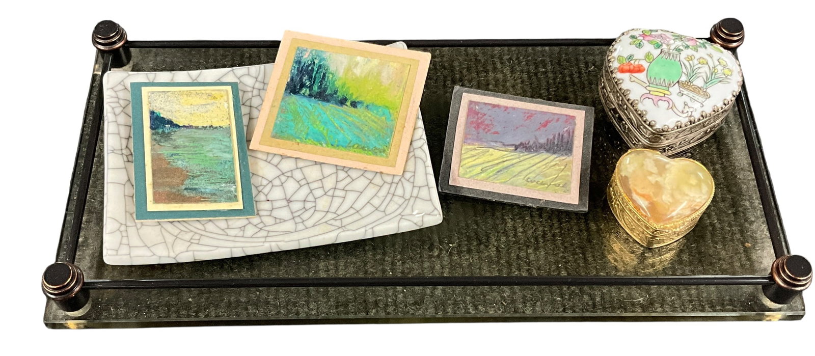 Mixed Decorative Group Including Miniature Landscape Pins, Trinket Boxes, and Glass Tray (1 of 6)