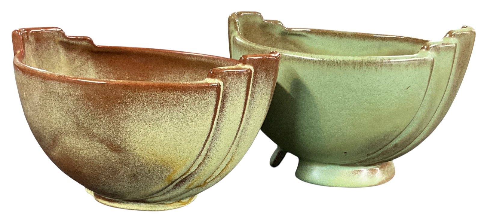 Frankoma Art Pottery Double Planter Bowl Set Model 35: A pair of Frankoma double planter bowls, each marked Frankoma 3.5 to underside. The lot includes one in a warm brown-to-cream gradient glaze and one in a green-to-brown glaze. Sculptural stepped sides
