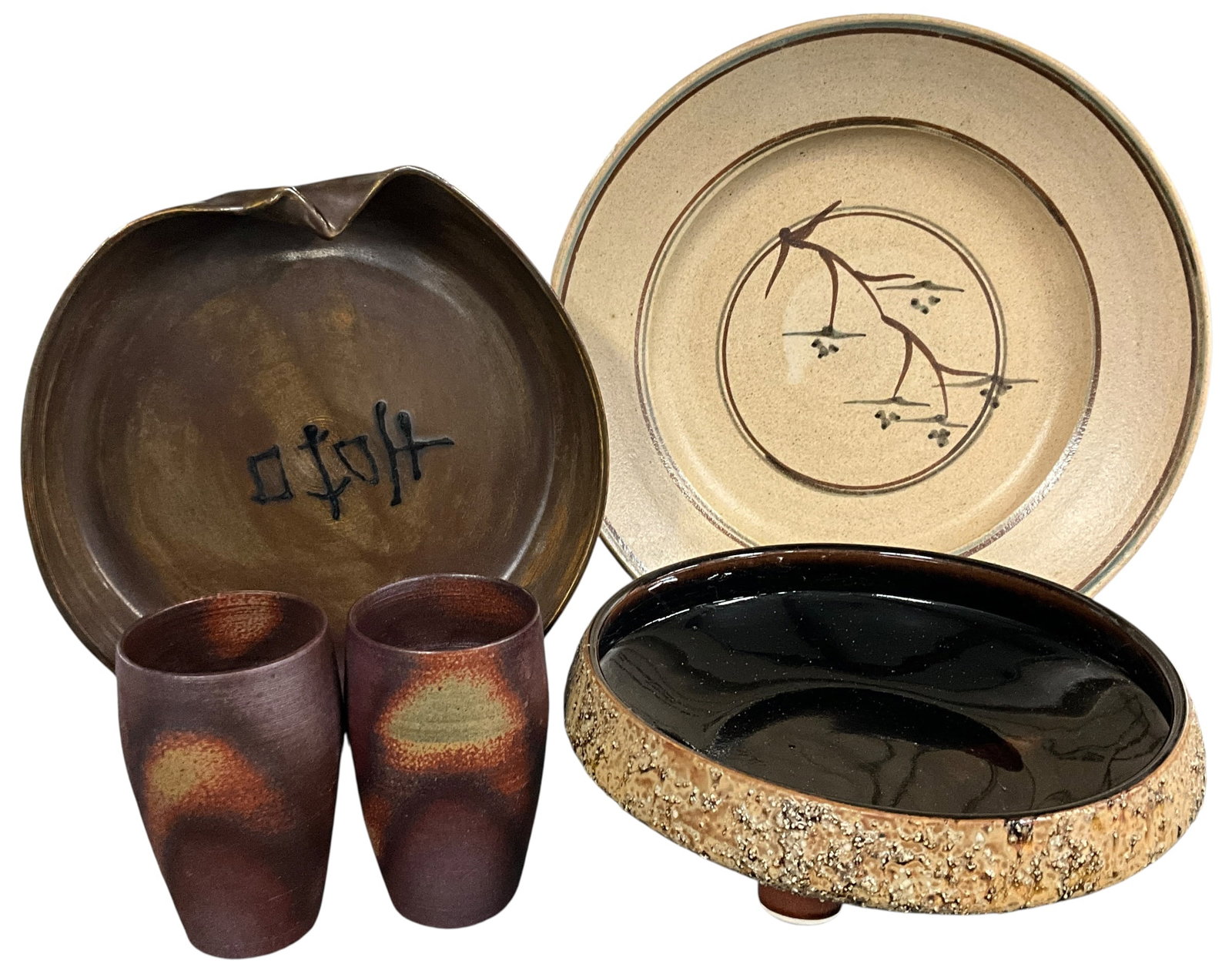 Mixed Studio Pottery Group Including Signed Tray, Cups & Pedestal Bowl (5 pcs) (1 of 9)