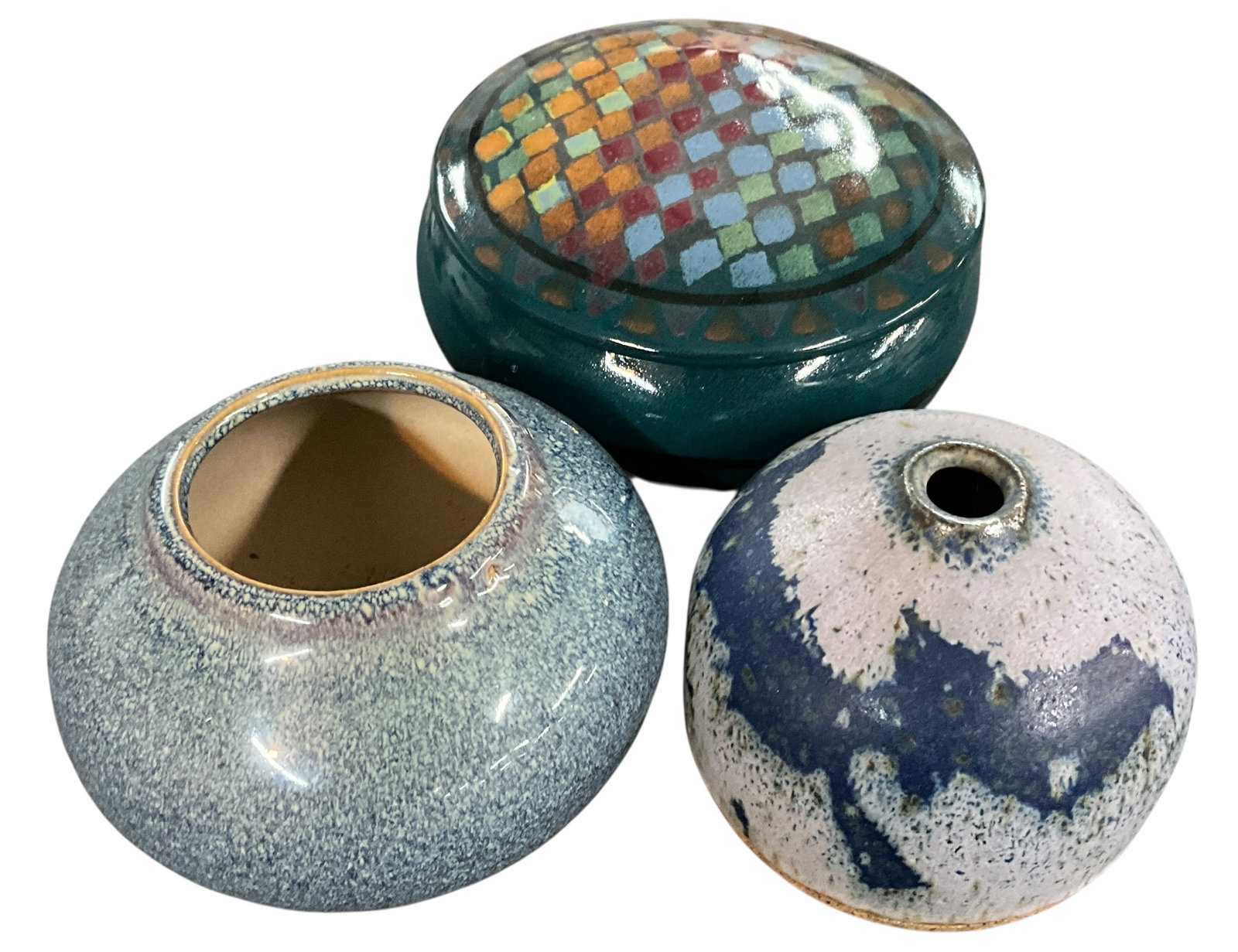 Group of Three Studio Pottery Vessels Including Lidded Jar and Two Vases (1 of 6)