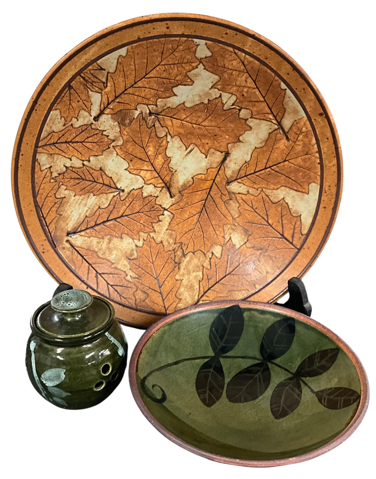 Studio Pottery Leaf Motif Charger, Bowl & Covered Jar Group (Signed) (1 of 8)