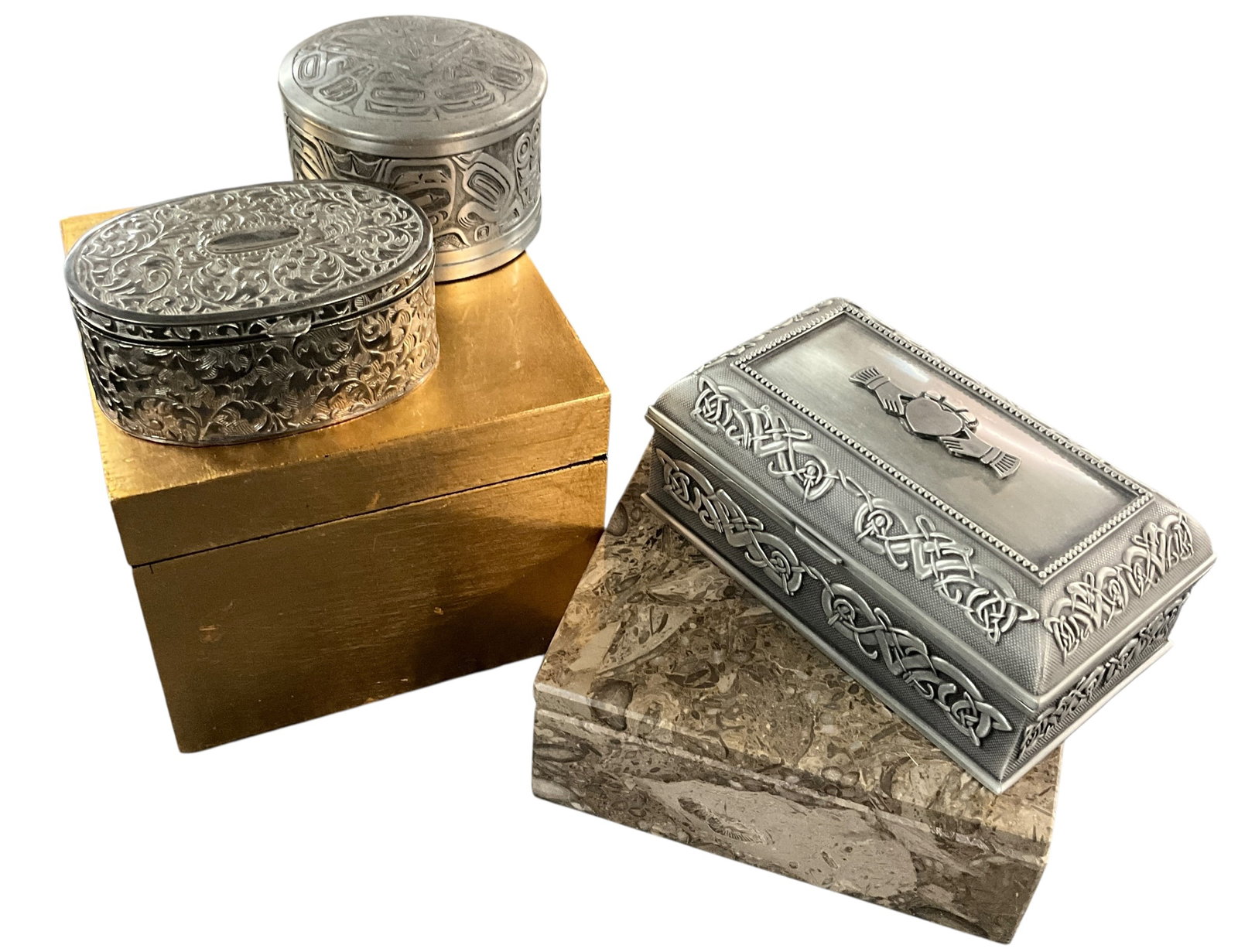 Decorative Metal Trinket Boxes Including Claddagh Motif, Engraved Oval, and Lidded Round Box with (1 of 6)