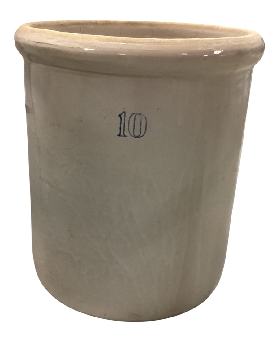 Antique Stoneware Crock with Blue --10-? Mark: Antique salt-glazed stoneware crock featuring a classic cylindrical form with slightly flared rim and thick rolled lip. The exterior displays a hand-applied cobalt blue --10-? marking, indicative of i