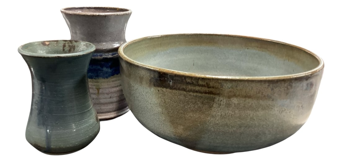Collection of Three Studio Pottery Vessels Including Large Bowl and Two Vases (1 of 8)