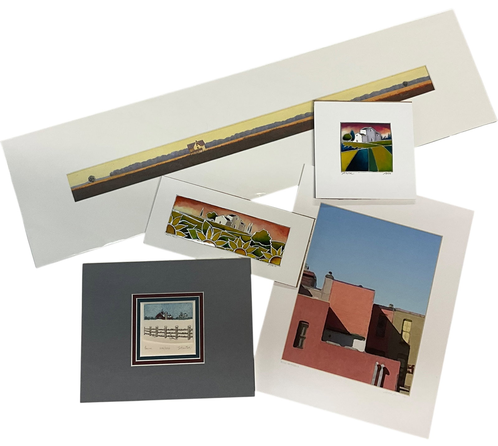 Group of Unframed Landscape & Architectural Prints: Collection of unframed prints and mixed-media artworks featuring landscape and architectural themes. Includes small signed and numbered prints, likely limited editions, depicting rural farm scenes, st