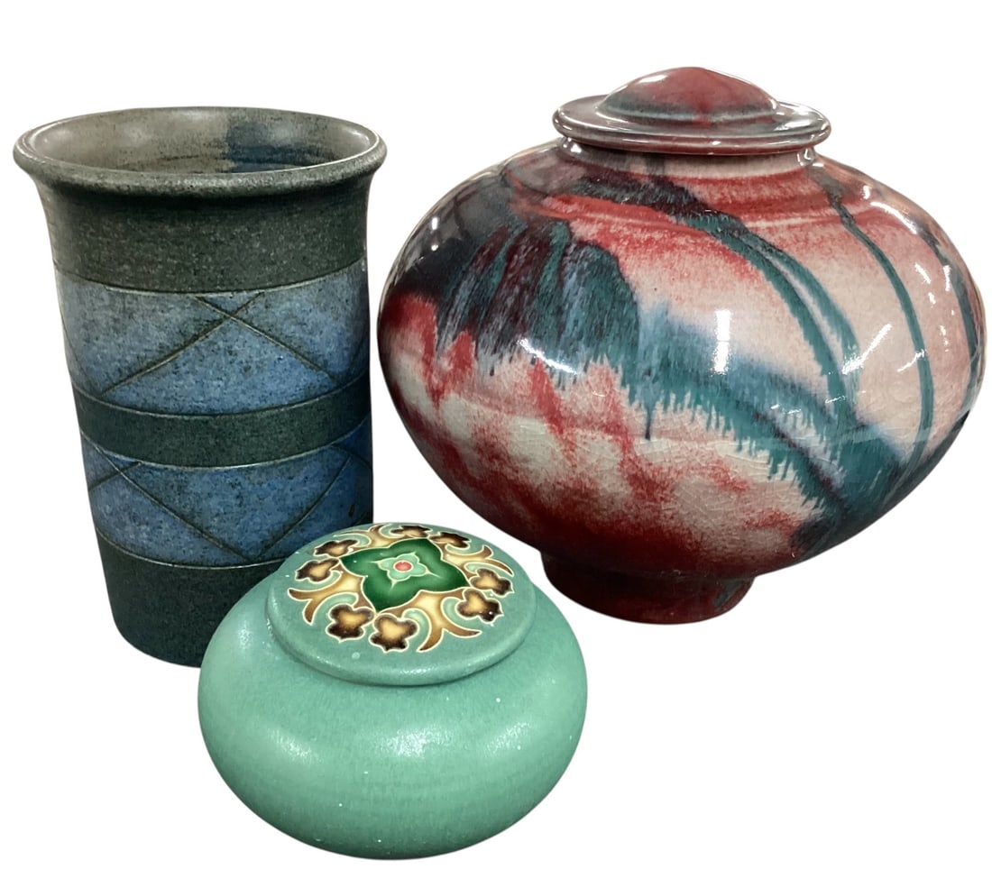 Three Studio Pottery Vessels Including Covered Jar, Green Art Pottery Box, and Blue Cylindrical Vase (1 of 8)
