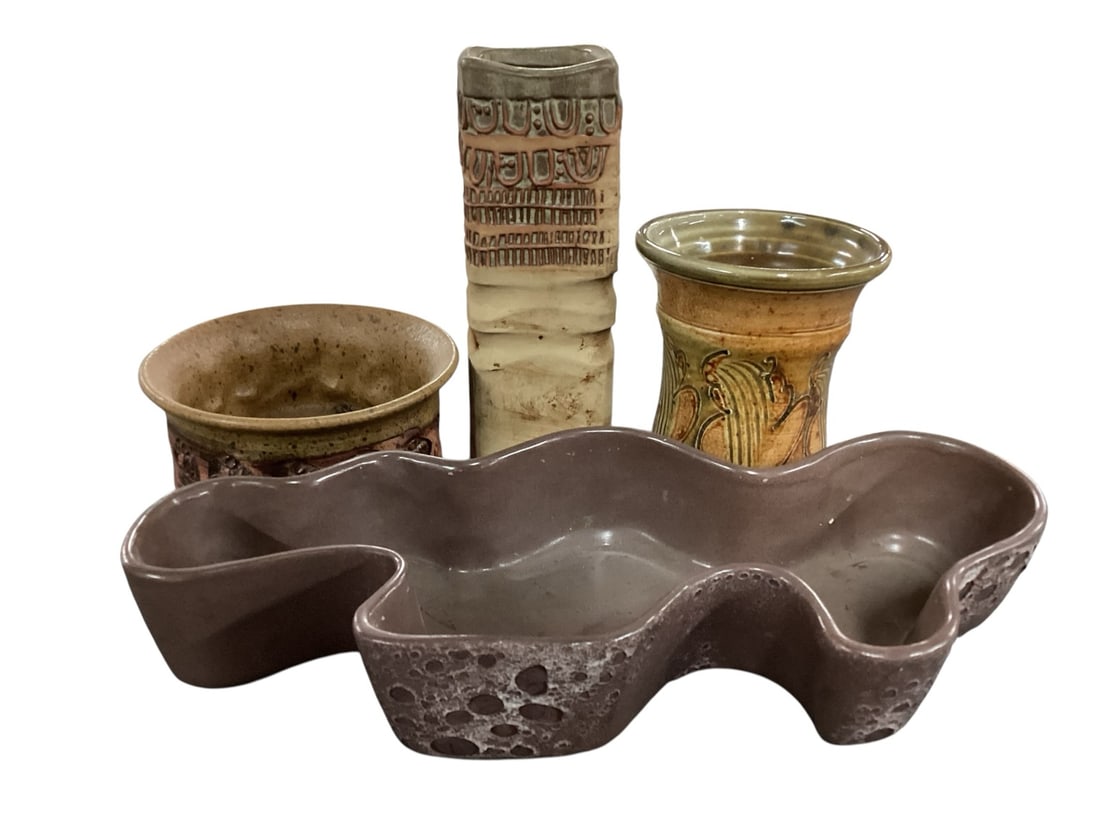 Four Studio Pottery Vessels with Organic Form Bowl and Three Decorative Cylindrical Vases (1 of 6)