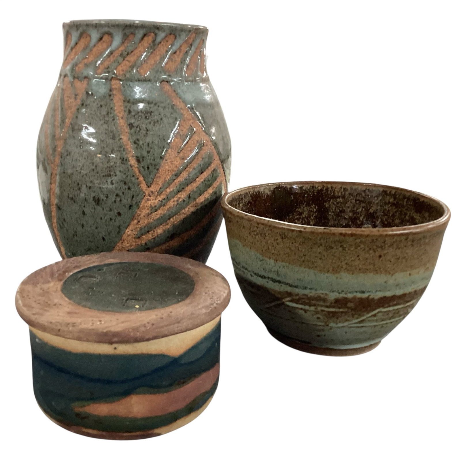 Three-Piece Studio Pottery Group Including Carved Vase, Bowl, and Lidded Jar (1 of 5)