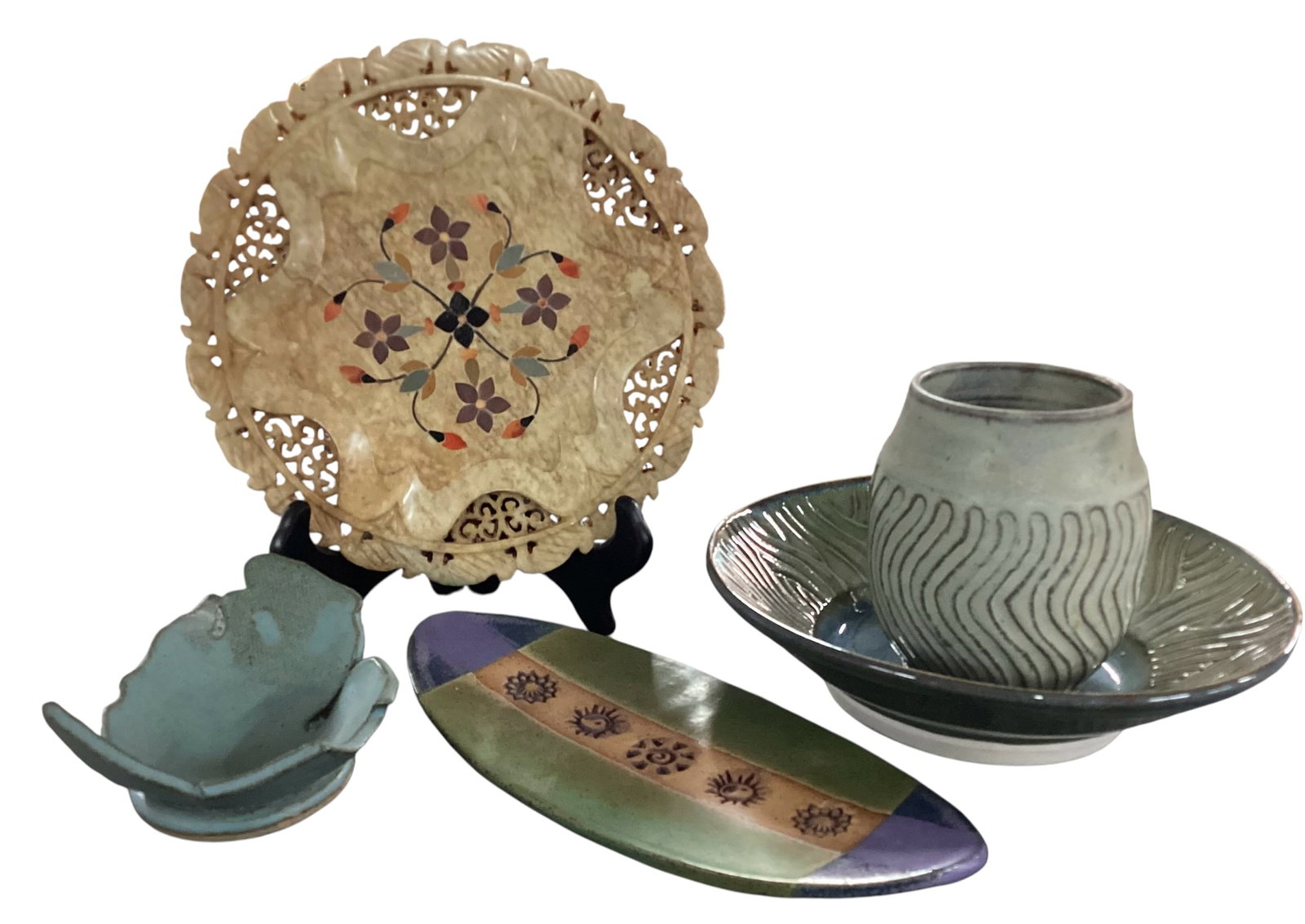 Mixed Decorative Studio Pottery and Carved Stone Tabletop Group (1 of 6)