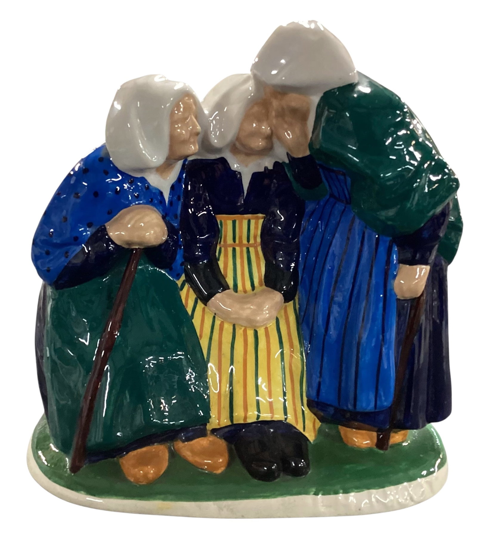 Large Henriot Quimper Faience Breton Women Ceramic Figurine Les Commères (The Three Gossips): Large Hand-painted French faience ceramic figurine depicting three traditional Breton women in conversation, dressed in regional attire with white coifs and brightly colored garments. Marked Henriot Q