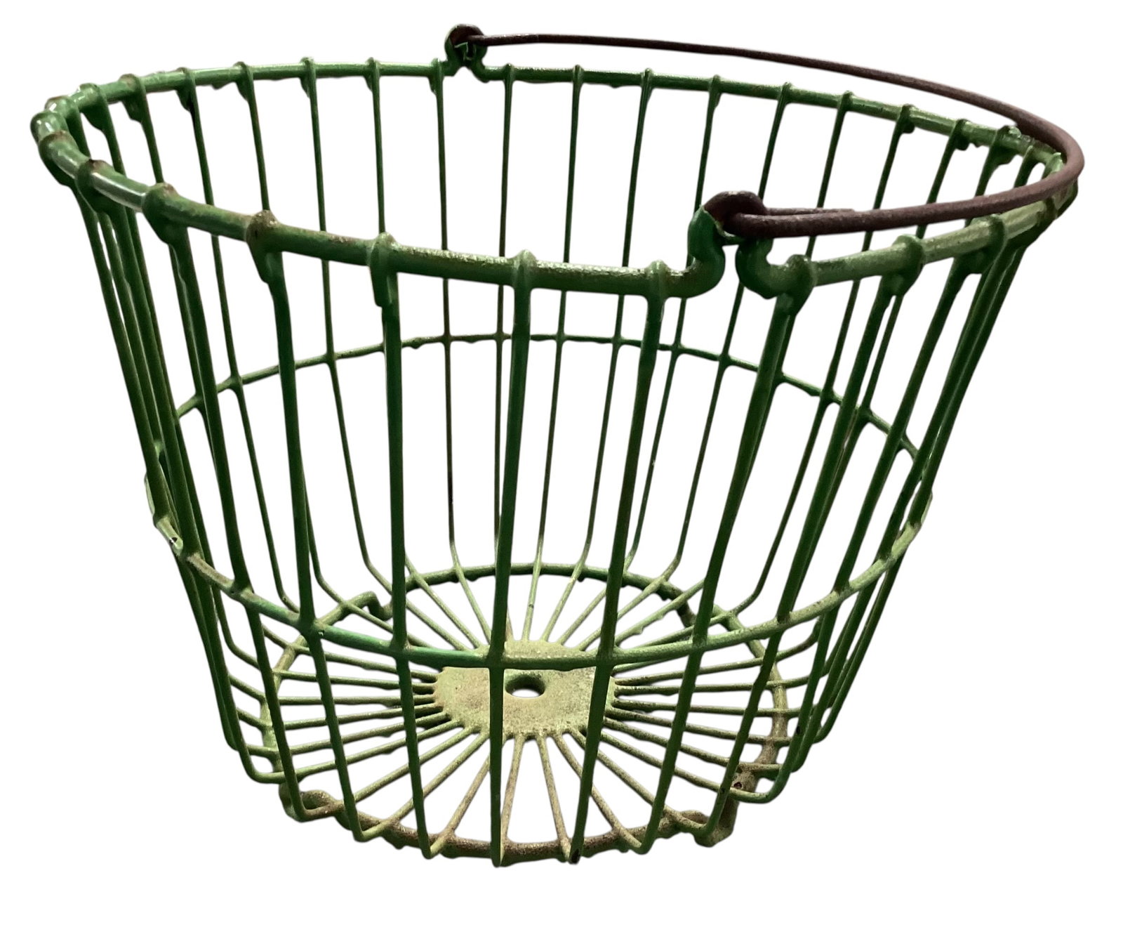 Vintage Green Wire Bicycle Basket: Vintage green wire bicycle basket with rounded form and metal wire construction. Basket features green painted finish with curved rim support and visible wear including paint loss, rust, oxidation, an