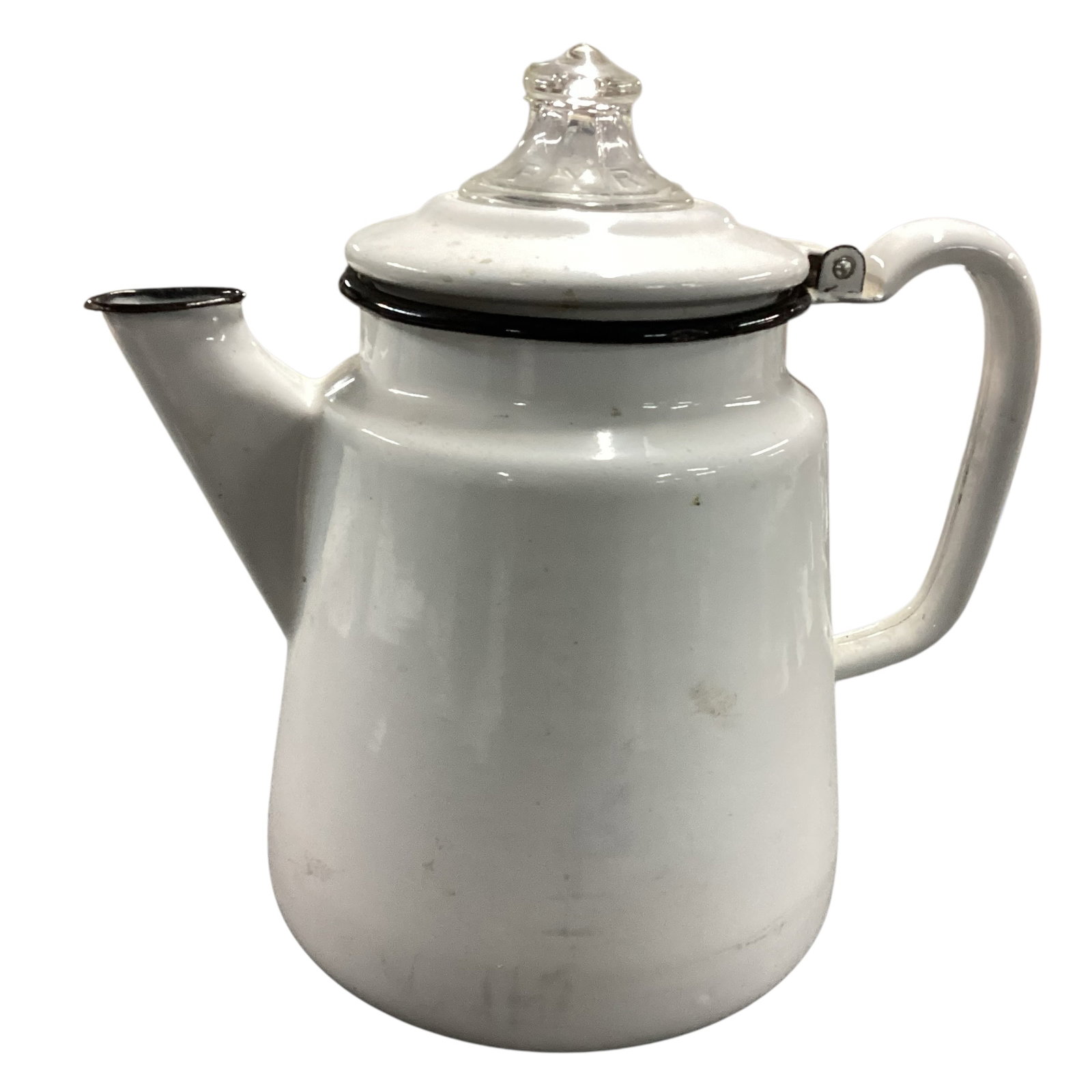 Vintage White Enamel Coffee Pot with Glass Finial Lid and Strainer: Vintage white enamel coffee pot with black trim, hinged lid, clear glass finial, and removable internal strainer basket. Coffee pot shows visible discoloration, staining, enamel wear, chips, rust spot
