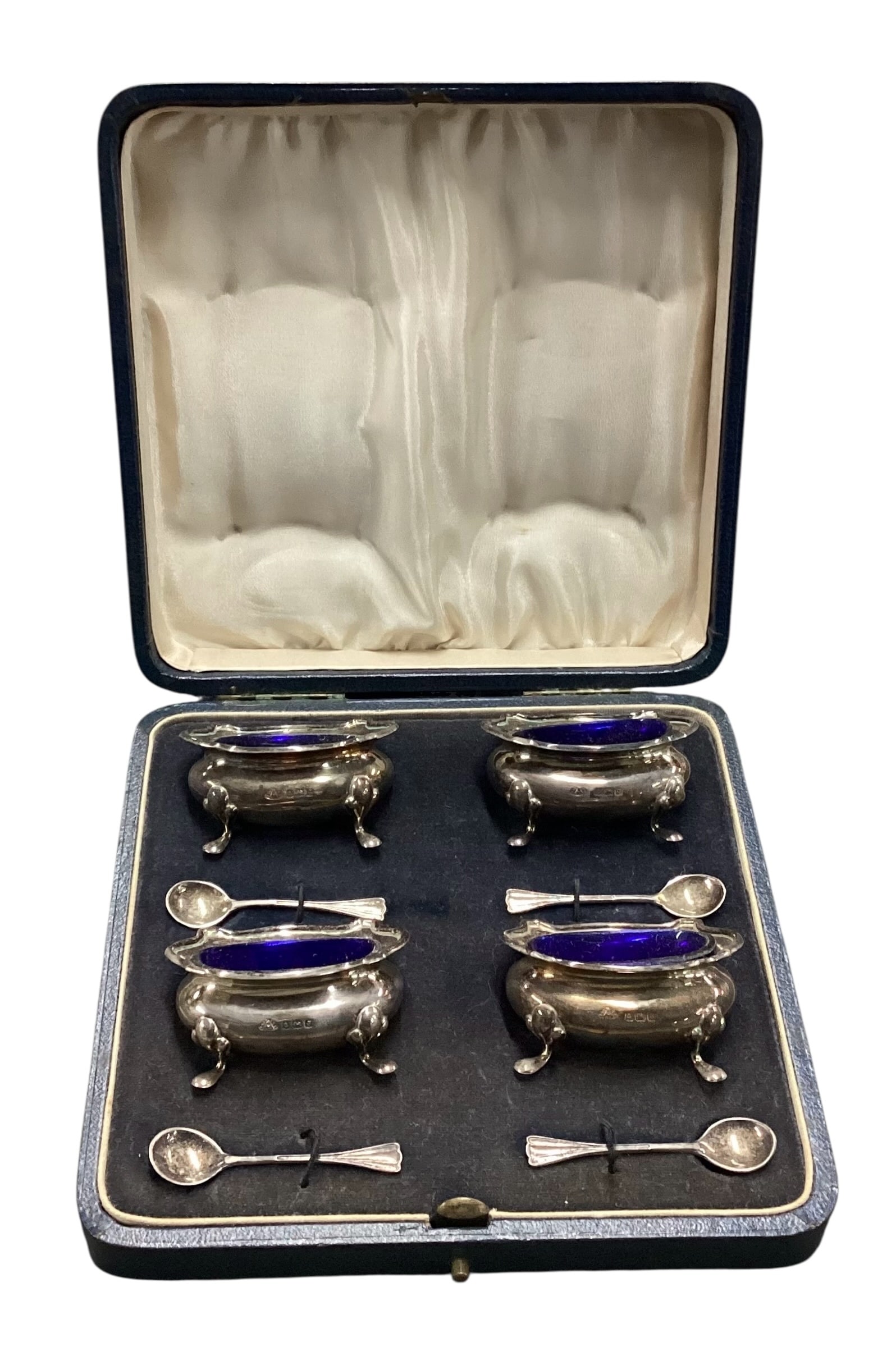 English Sterling Silver and Cobalt Glass Open Salt Cellar Set in Fitted Case (1 of 5)