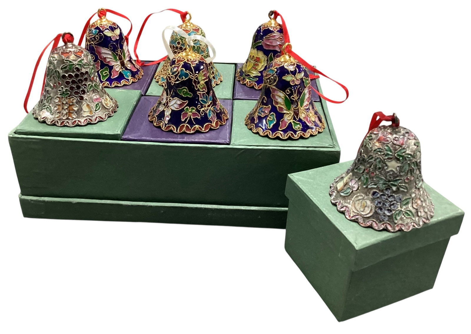 Set of Six Cloisonne Enamel Bell Ornaments with Green Presentation Boxes: Set of six cloisonne enamel bell ornaments with assorted floral and fruit motifs, each with individual green box and larger green presentation box. Bells feature colorful enamel decoration, gilt accen