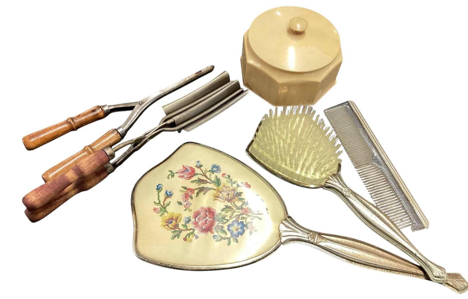 Vintage Vanity Dresser Set with Mirror, Brush, Comb, Powder Jar, and Hair Styling Irons (1 of 8)