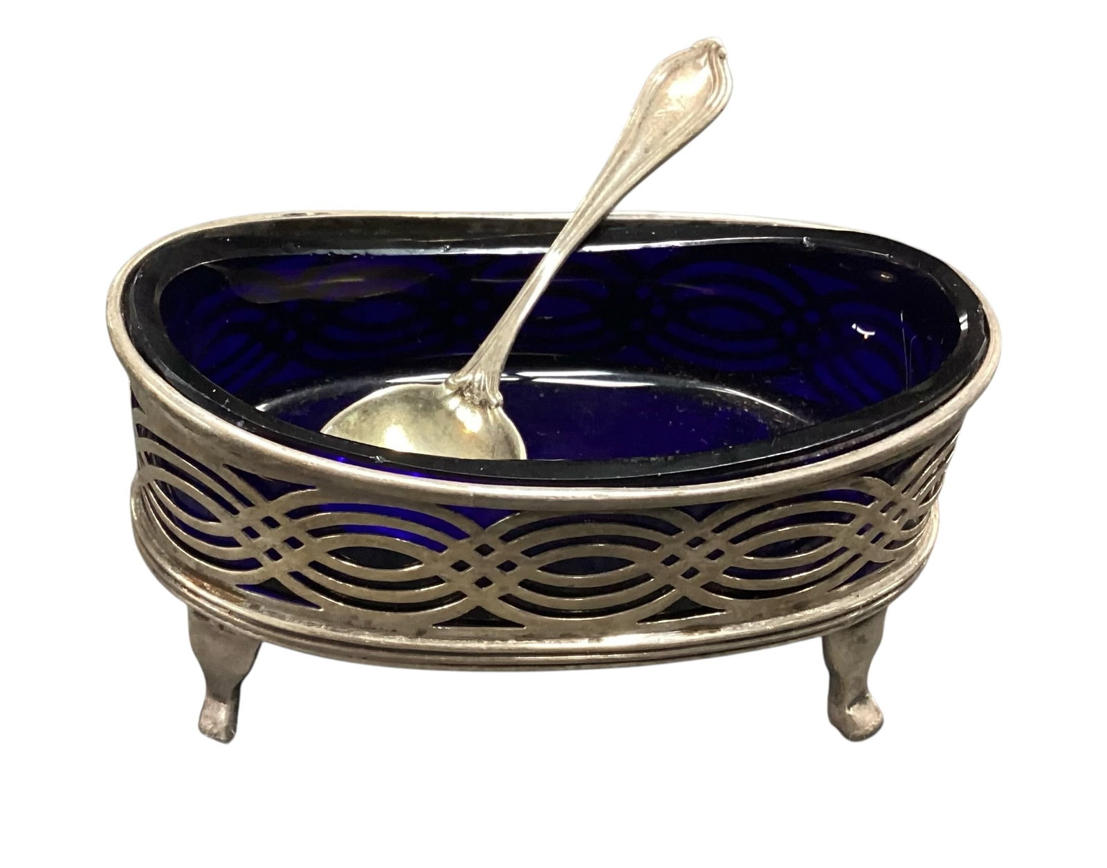 English Sterling Silver Open Salt Cellar with Cobalt Blue Glass Liner and Spoon (1 of 5)