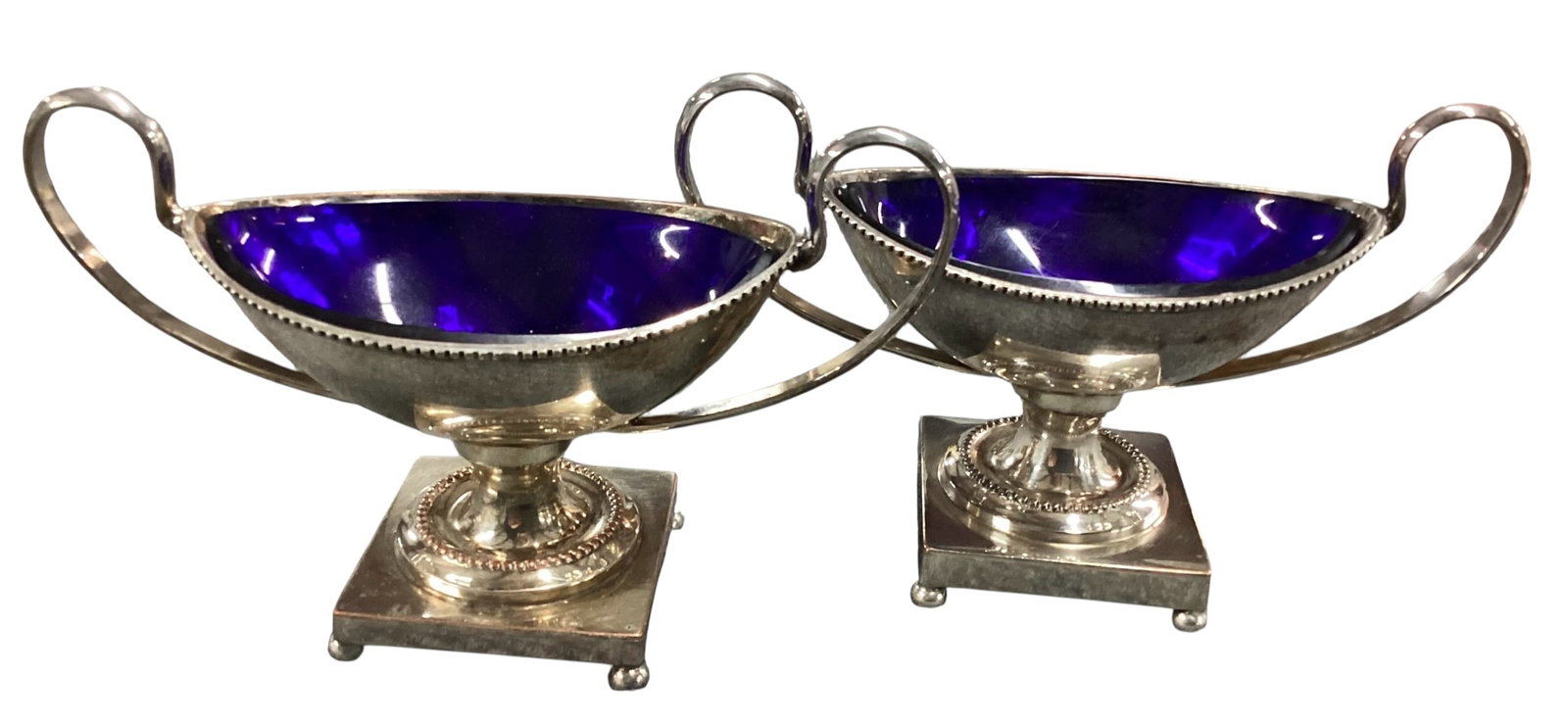 Pair of Silver Plate Salt Cellars with Cobalt Blue Glass Liners (1 of 4)