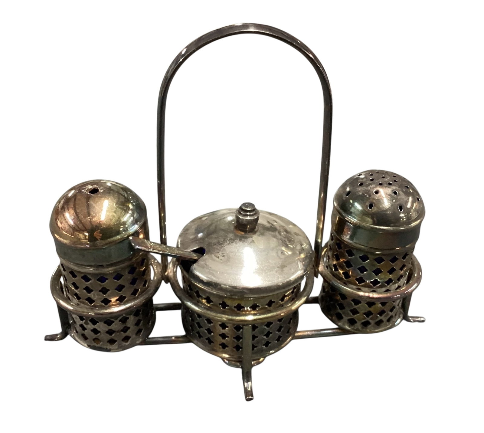 Vintage Silver Plate & Cobalt Glass Cruet Condiment Set with Salt & Pepper Shakers: Vintage English silver plate condiment stand featuring pierced lattice-form holders with cobalt blue glass inserts. Includes a covered mustard or open salt cellar with matching spoon, along with coord