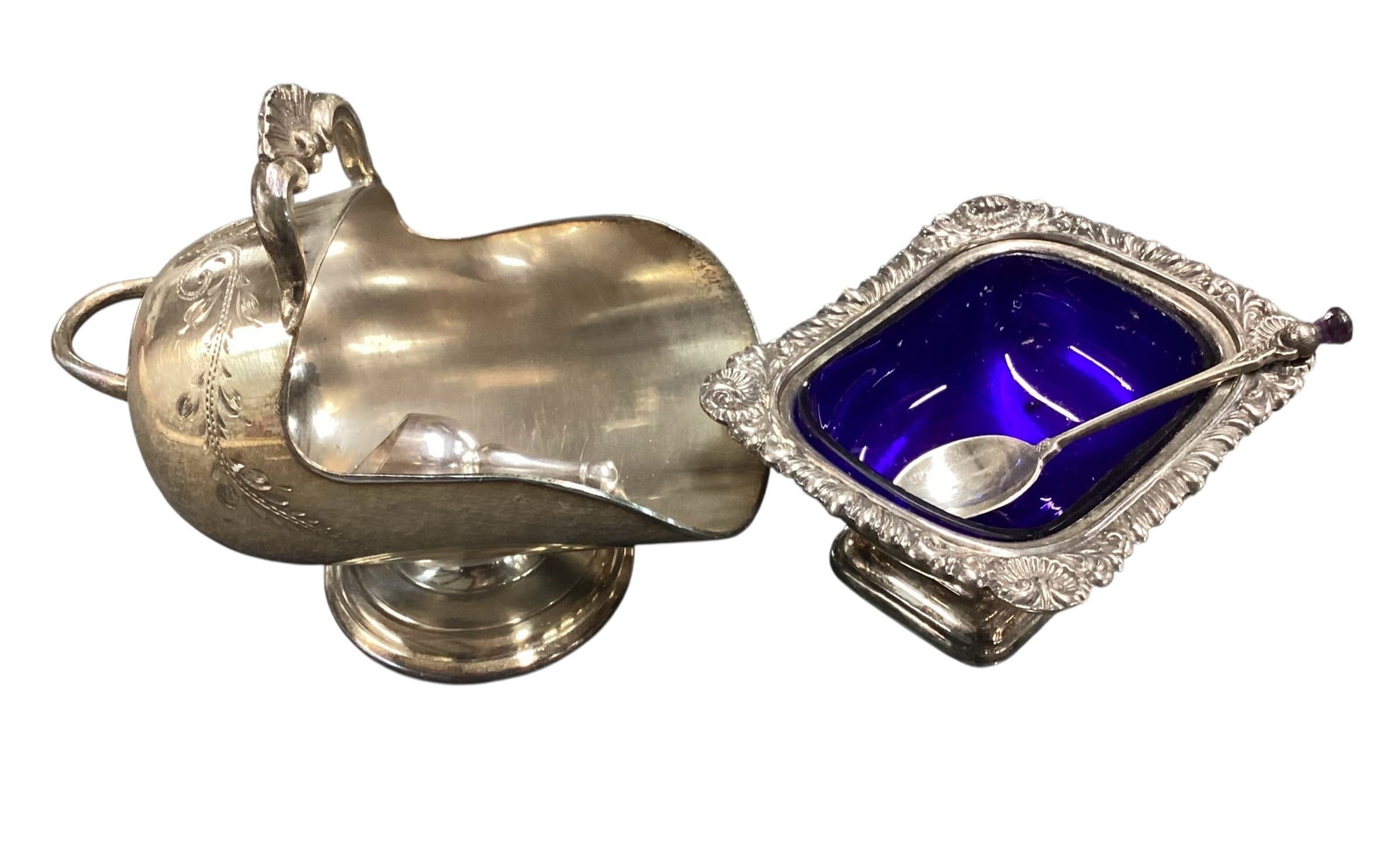 English Silver Plate Coal Scuttle & Cobalt Glass Open Salt Cellar with Spoon (1 of 5)