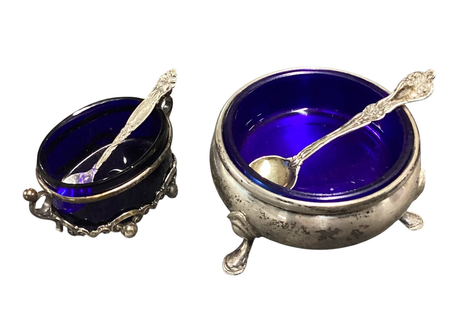Sterling Silver & Silver Plate Cobalt Glass Salt Cellar Group with Spoons (1 of 3)