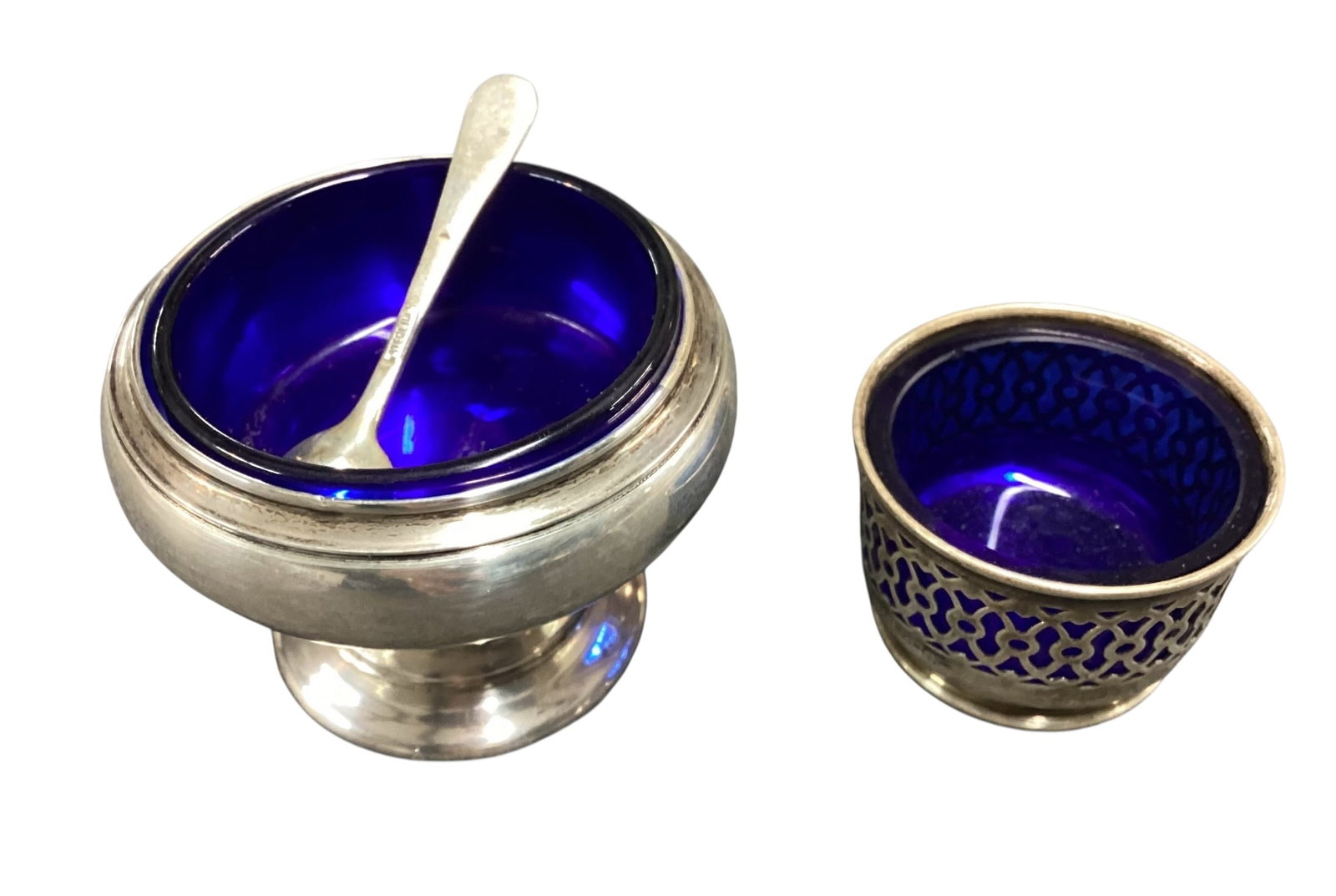 Pair of Sterling Silver Mounted Cobalt Glass Salt Cellars with Sterling Spoon (1 of 8)