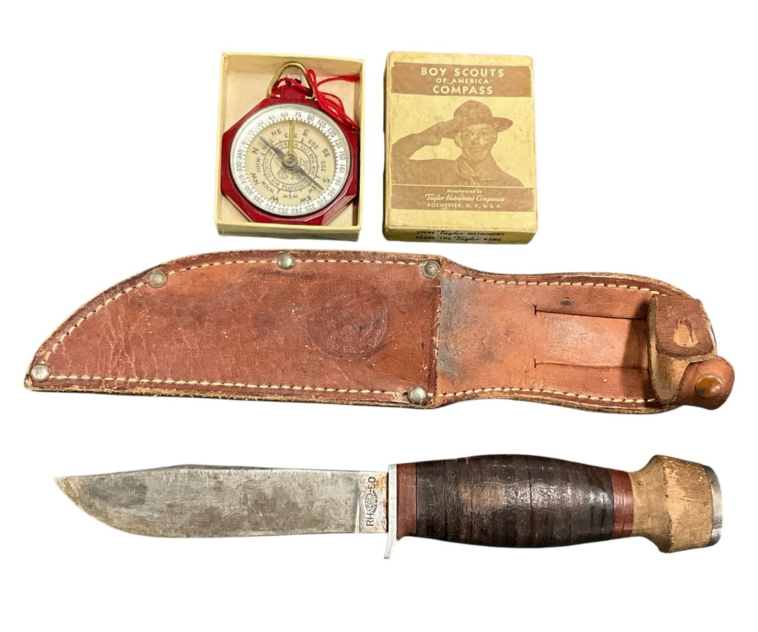 Hunting Knife with Leather Sheath & Boy Scouts Compass: RH PAL-50 Hunting Knife with Leather Sheath & Boy Scouts Compass
