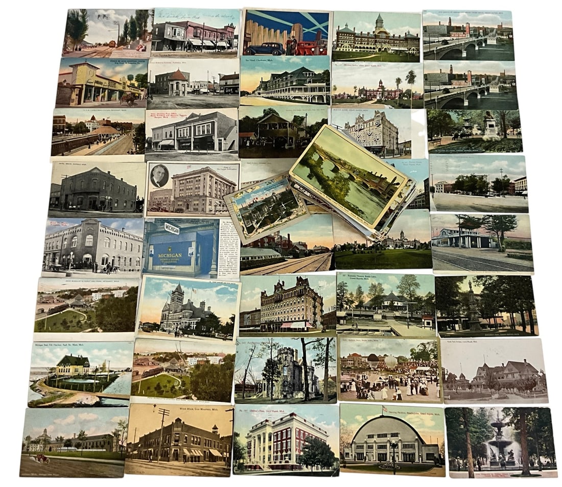 Large Mixed Antique & Vintage Postcard Collection: Large mixed collection of antique and vintage postcards featuring Michigan views, architecture, civic buildings, hotels, street scenes, transportation, resorts, and scenic travel destinations. Include