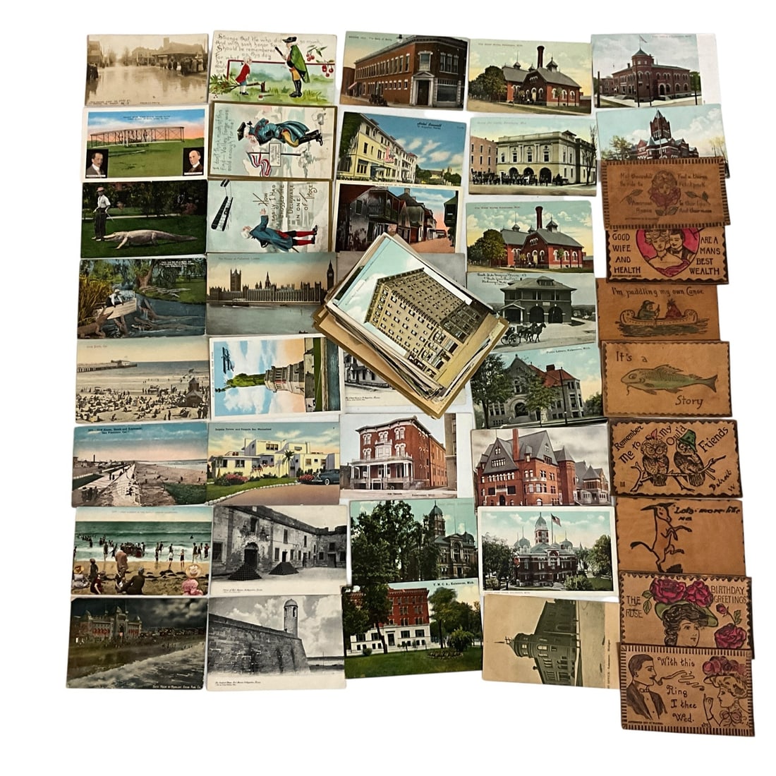 Large Mixed Antique & Vintage Postcard Collection, Approx. 200 Cards: Large mixed collection of approximately 200 antique and vintage postcards featuring Michigan architecture, civic buildings, fire stations, courthouses, hotels, Y.M.C.A. buildings, street scenes, beach
