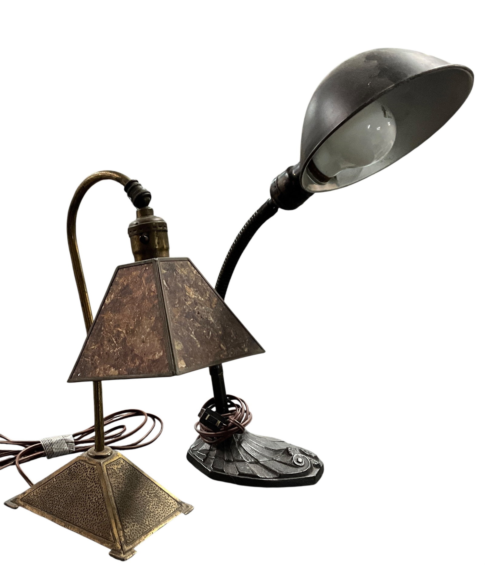 Pair of Vintage Art Deco & Arts and Crafts Style Table Lamps: Decorative grouping featuring two vintage electric table lamps in complementary early 20th century styles. Included is an Art Deco cast metal gooseneck desk lamp with stylized stepped and scroll motif