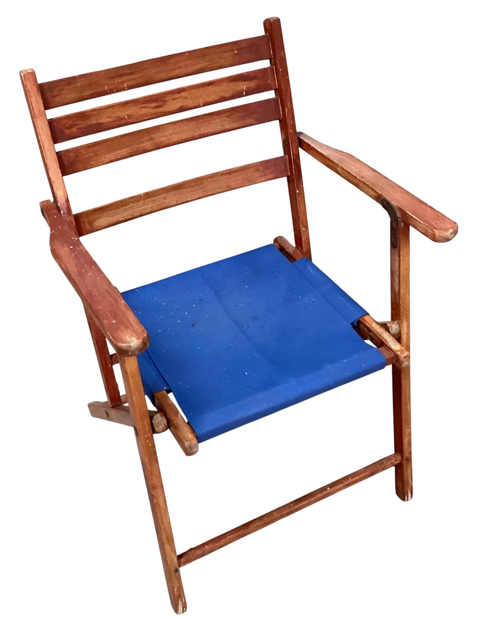 SS Keewatin Deck Chair: Deck Chair from the SS Keewatin. Frame is solid and has a spring-loaded mechanism that is functional. Finish is worn with flecks of deck paint and dirt present. Upholstery is not original. The SS Keew